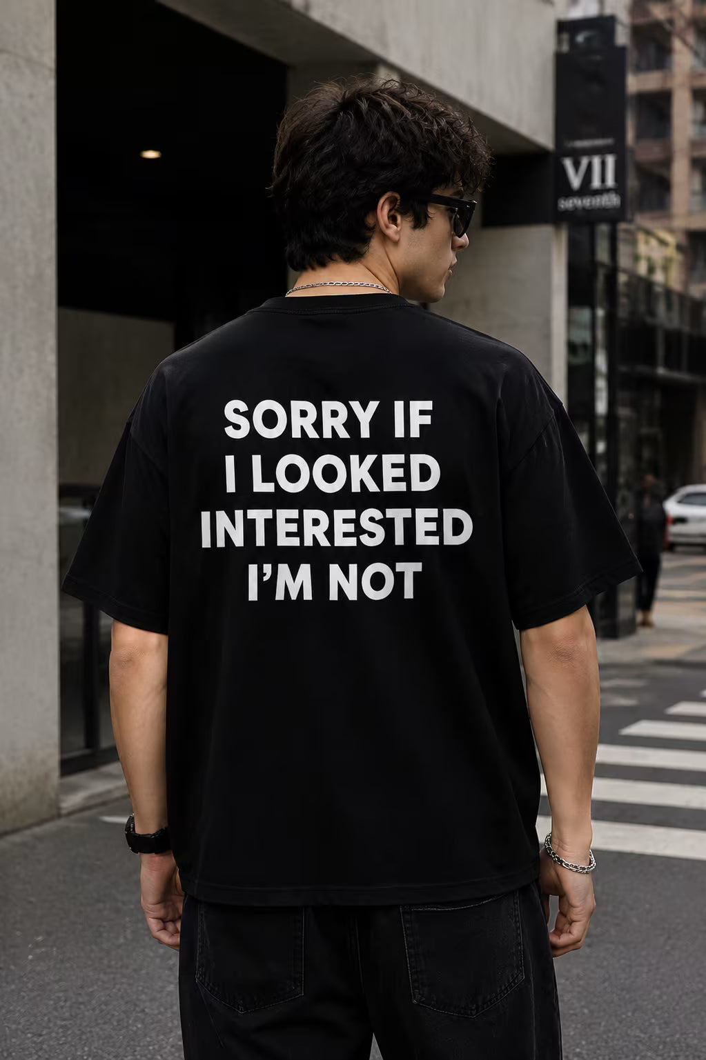Sorry If I Looked Interested I'm Not – Black Oversized Graphic T-Shirt